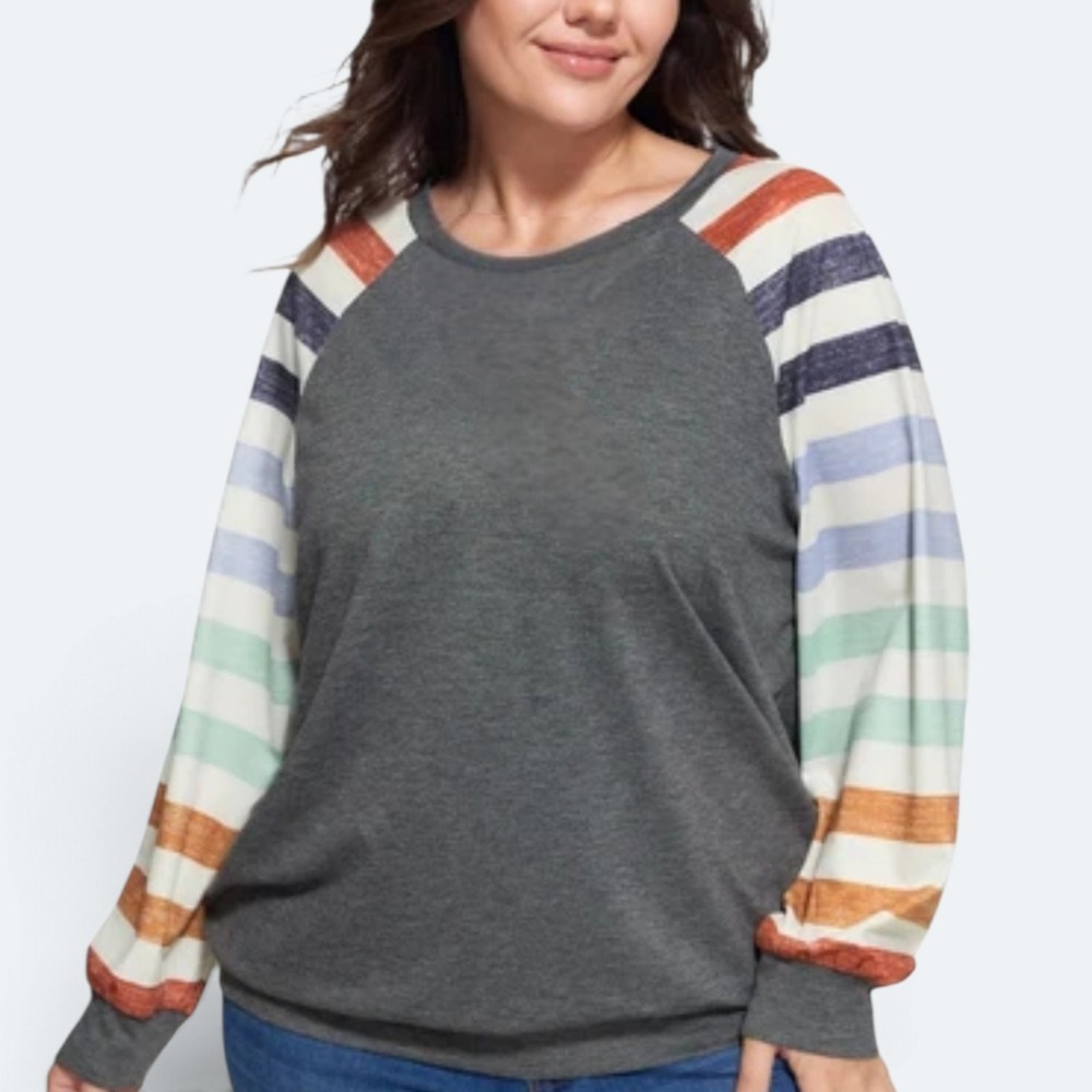 Maurices 24/7 Womens 1X Gray Raglan Top Striped Long Sleeve Crew Neck Pullover
